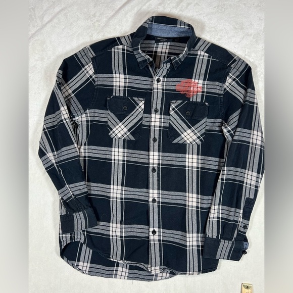 Harley Davidson Official Medium Navy Plaid Button Front Flannel Shirt C23 EUC - Picture 1 of 12